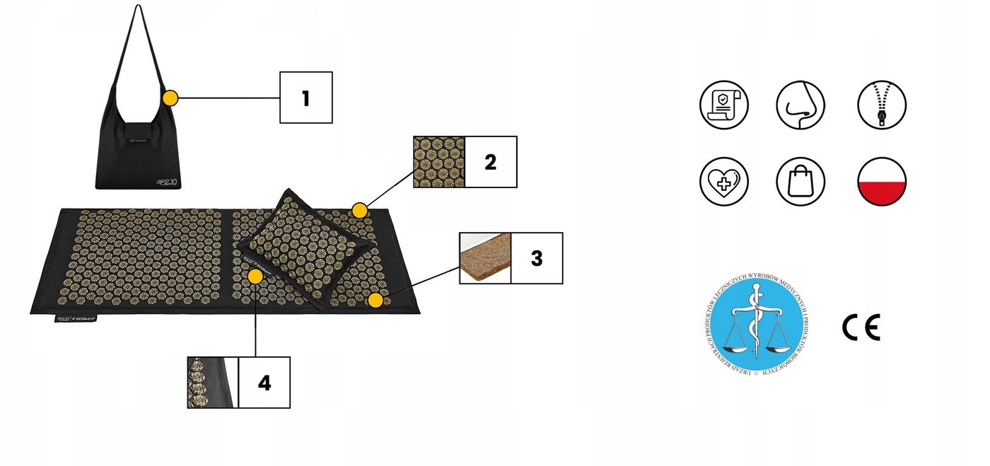 Килимок акупунктурний з подушкою 4FIZJO Eco Mat XL Аплікатор Кузнєцова 4FJ0291 Black/Gold